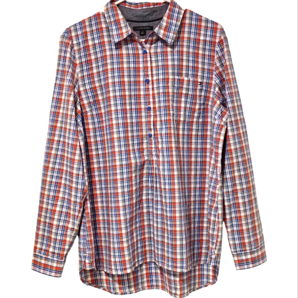 Tommy Hilfiger Women's Henley Neck Long Sleeve Button Plaid Tunic Shirt Larg NWT
